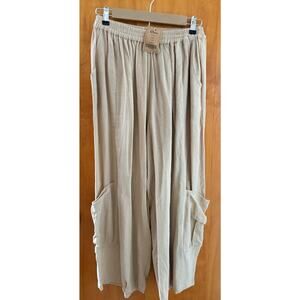 Rhea Ava Pants Beige Wide Leg Cotton Pants S/M Boho Elastic Waist Pockets NWT